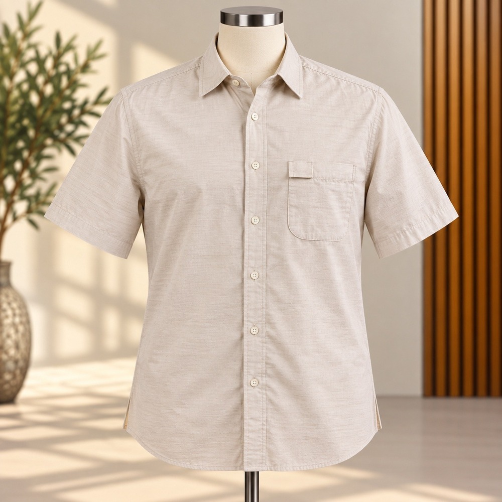 Desert Dunes Button Down Shirt Mens Large Tan Organic Cotton Short Sleeve Slub